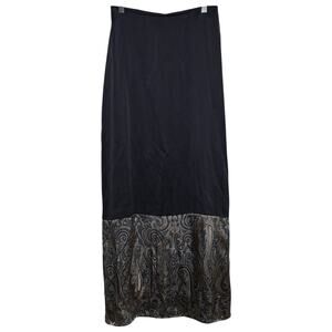 Citron Santa Monica 100% Silk Black Maxi Skirt Color Block Hem Paisley